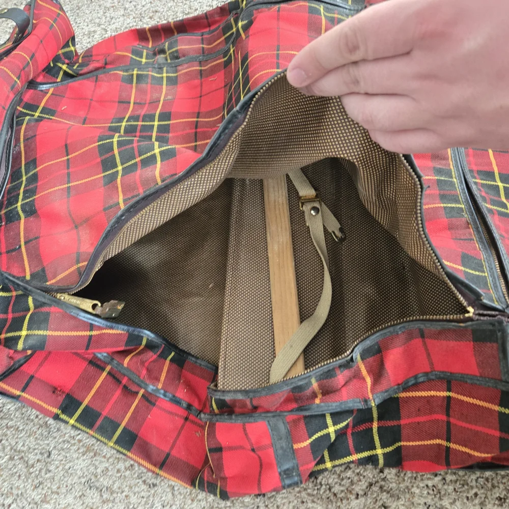 Red CarSac Plaid Hanging Garment Bag Storage Vintage Travel Retro Suitcase